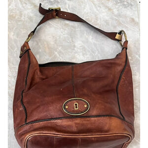 Vintage Fossil Maddox Bucket Shoulder Bag Brown Pebbled Leather Zipper Closure